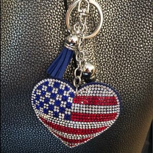 Purse BLING crystal heart FLAG charm clip on bag  red blue stars stripe ❤️
